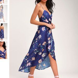 Lulu's Wylden Royal Blue Floral Print Lace-Up High-Low Midi Dress, Size Small
